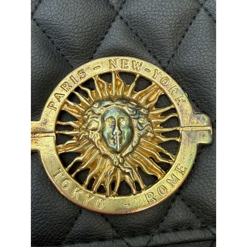Black Quilted Chain Shoulder Bag Gold Sun Medallion Paris New York Tokyo Rome